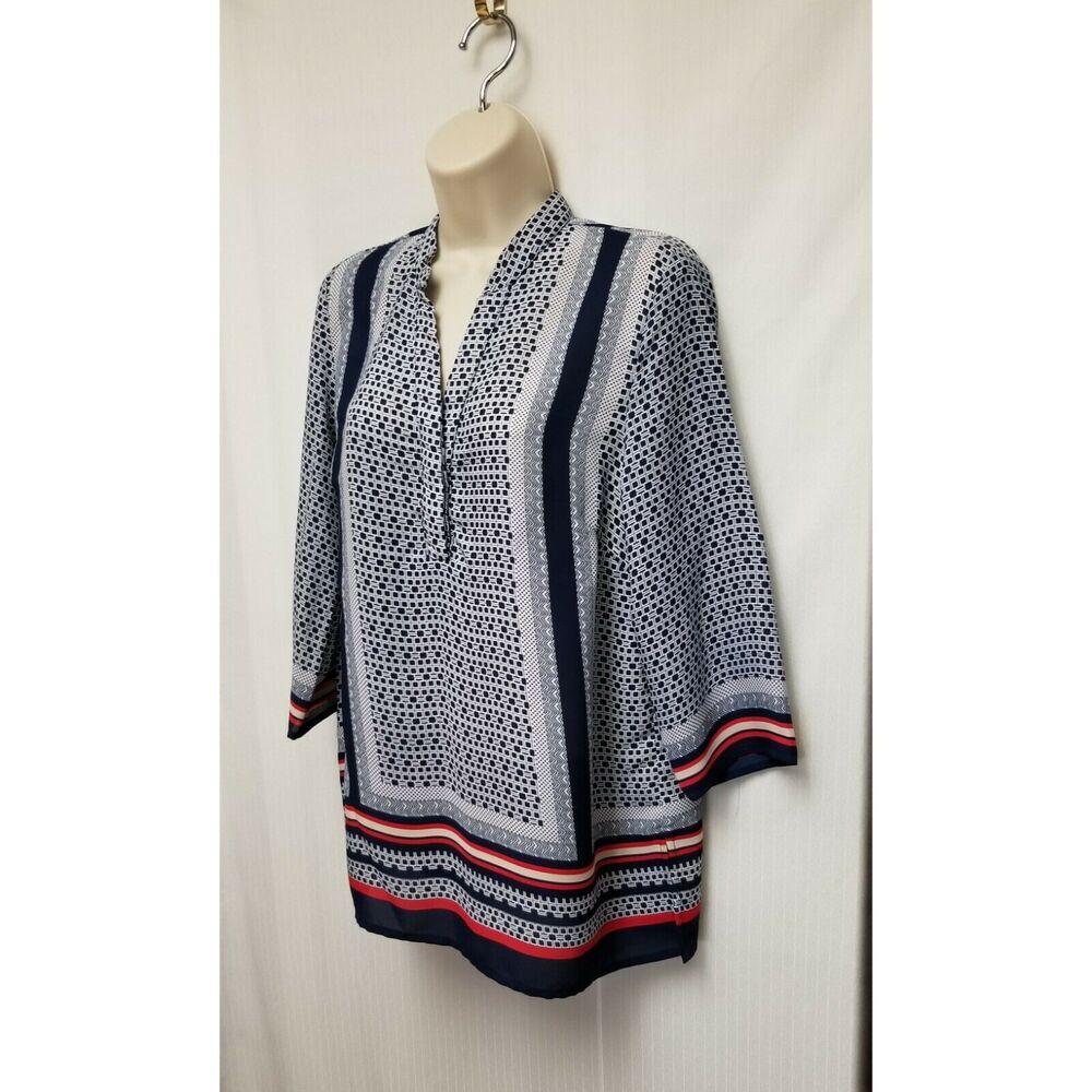Adrienne Vittadini Women's Size Small Popover Printed Shirt Top Navy Blue/Red - Picture 6 of 7